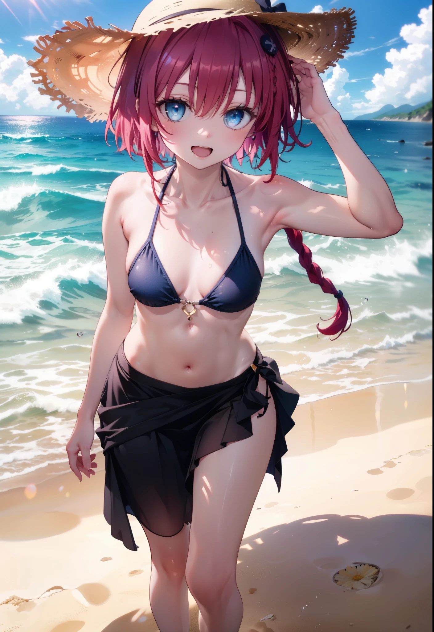 Kurosaki  mea,Redhead,Long braids,Purple eyes,Open your mouth,smile,Straw hat,Black string bikini swimsuit,Pareo Swimsuit,Belly button,abdomen,barefoot,A thin long skirt is wrapped around her waist,Sandy Beachを散歩している,Walking,Clear skies,True Summer,Daytime,whole bodyがイラストに入るように,
break looking at viewer,whole body, 
break outdoors, Beach,Sandy Beach,
break (masterpiece:1.2), Highest quality, High resolution, unity 8K wallpaper, (shape:0.8), (Beautiful and beautiful eyes:1.6), Highly detailed face, Perfect lighting, Highly detailed CG, (Perfect hands, Perfect Anatomy),