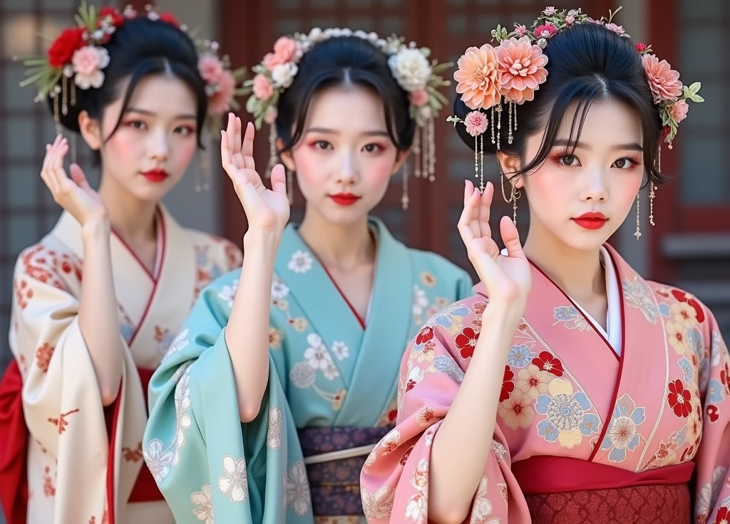 three women In kimono are posing for a picture with their hands up, wear Kimono, classy yukata, In kimono, 色鮮やかなyukataを着て, yukata, 皇室のwear Kimono, wear Kimono, Beasts, sakimichan, Japanese style, shikamimi, perfume, In kimono, shinsui ito