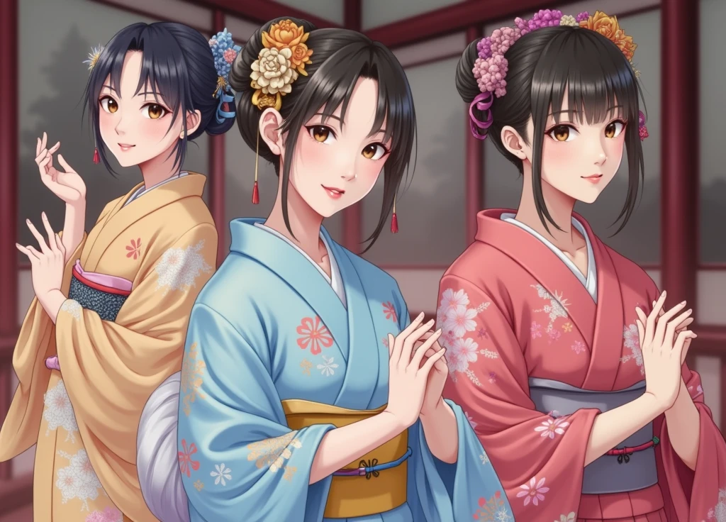 three women In kimono are posing for a picture with their hands up, wear Kimono, classy yukata, In kimono, 色鮮やかなyukataを着て, yukata, 皇室のwear Kimono, wear Kimono, Beasts, sakimichan, Japanese style, shikamimi, perfume, In kimono, shinsui ito