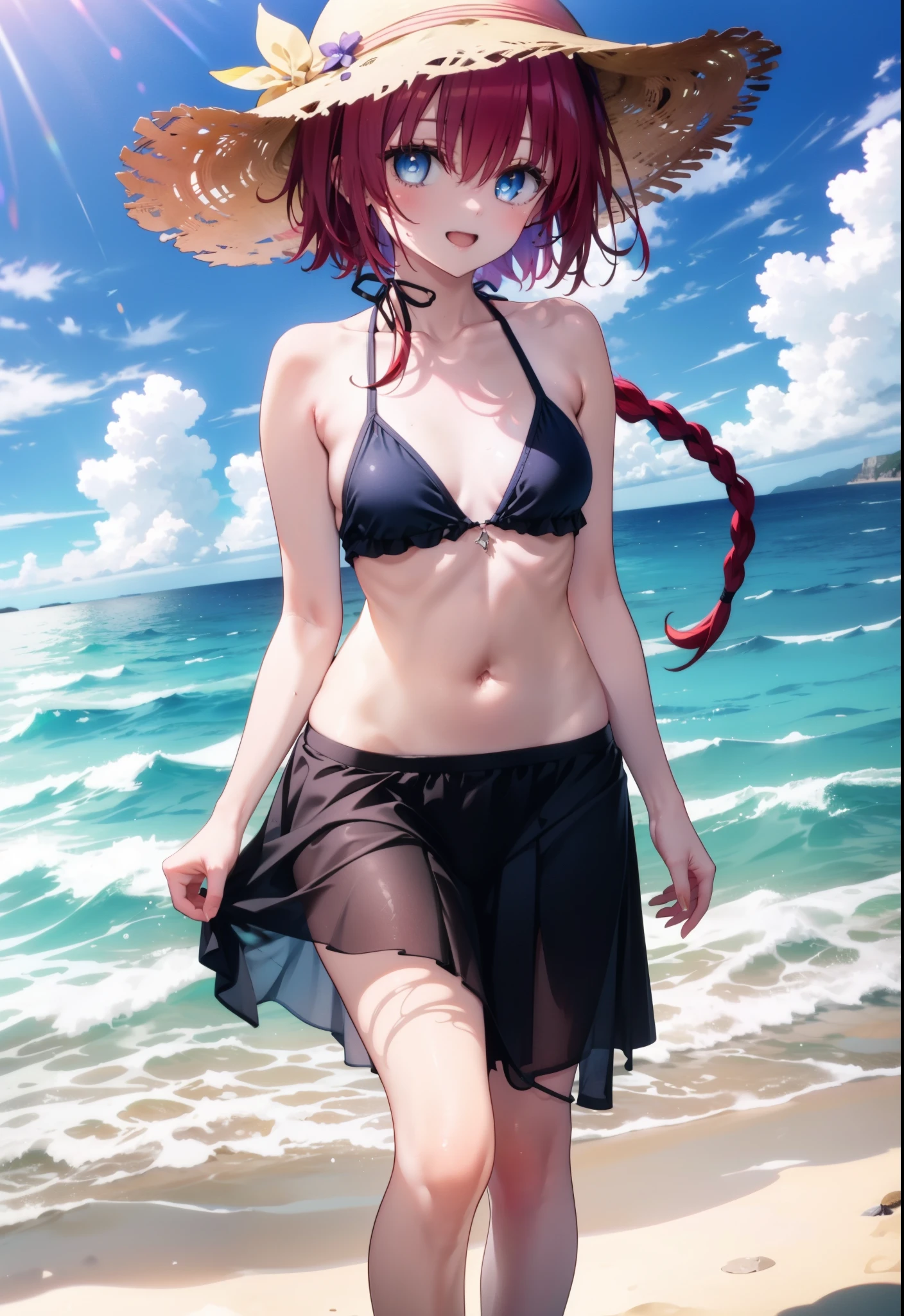 Kurosaki  mea,Redhead,Long braids,Purple eyes,Open your mouth,smile,Straw hat,Black string bikini swimsuit,Pareo Swimsuit,Belly button,abdomen,barefoot,A thin long skirt is wrapped around her waist,Sandy Beachを散歩している,Walking,Clear skies,True Summer,Daytime,whole bodyがイラストに入るように,
break looking at viewer,whole body, 
break outdoors, Beach,Sandy Beach,
break (masterpiece:1.2), Highest quality, High resolution, unity 8K wallpaper, (shape:0.8), (Beautiful and beautiful eyes:1.6), Highly detailed face, Perfect lighting, Highly detailed CG, (Perfect hands, Perfect Anatomy),