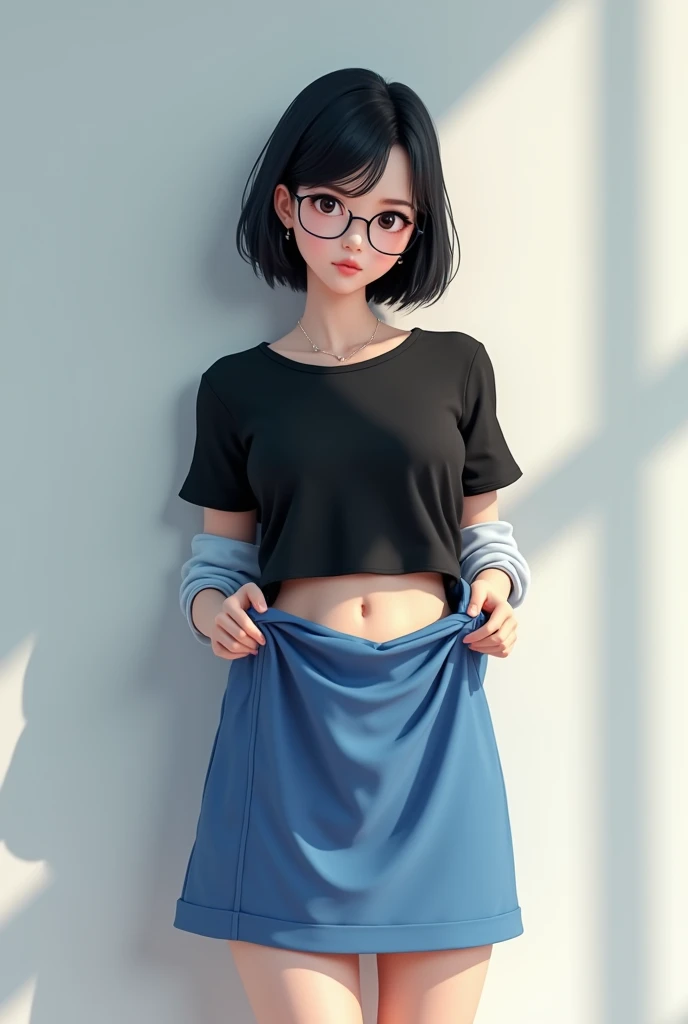 Asian girl with short black hair, Glasses, blue skirt and black shirt rolls up the shirt to chest height to expose her abdomen