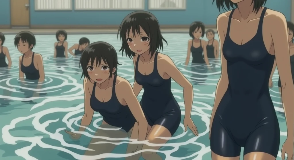 Middle school students,Black Hair,Navy blue school swimsuit and leggings,Sweat,Small breasts,Low length,Pool