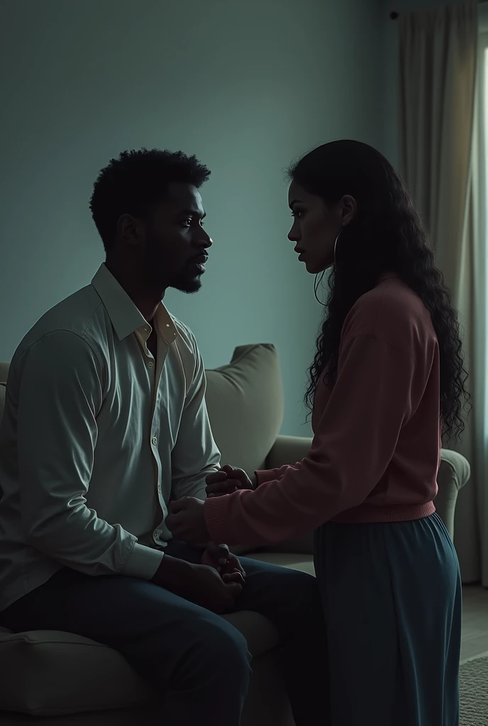 a dark-skinned woman and a dark-skinned man, na sala, with a charged atmosphere. The man is sitting on a sofa, talking about your life, while the woman listens to him with an expression of intense contempt. The atmosphere is silent and tense. 