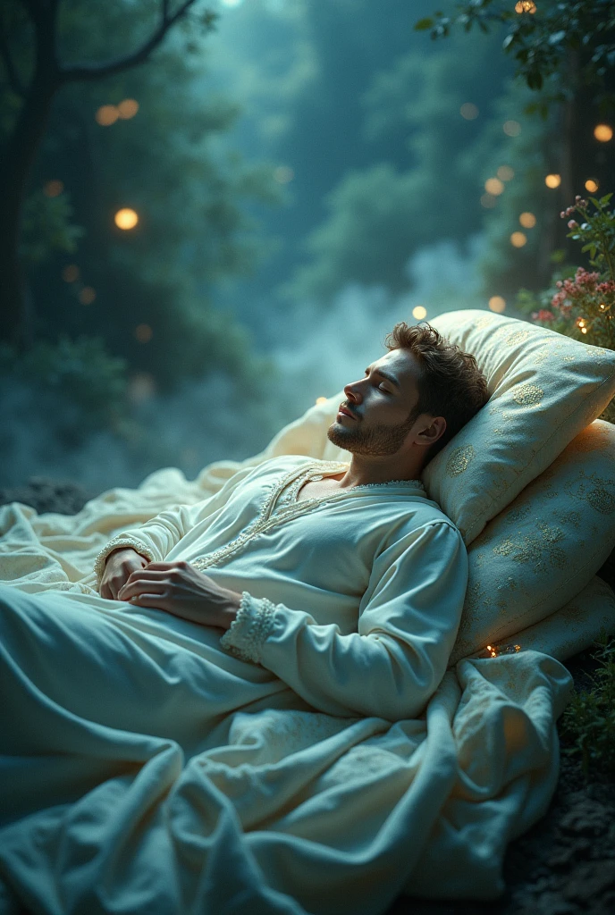 Draw a man sleeping in a strange nightgown