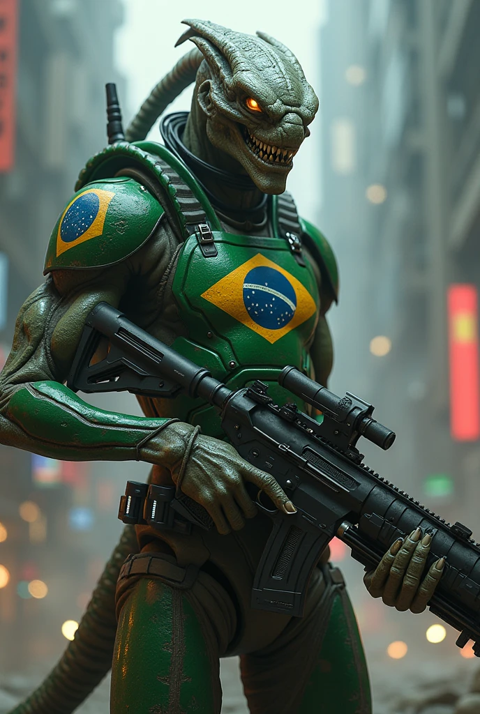 Alien with gun and Brazilian flag