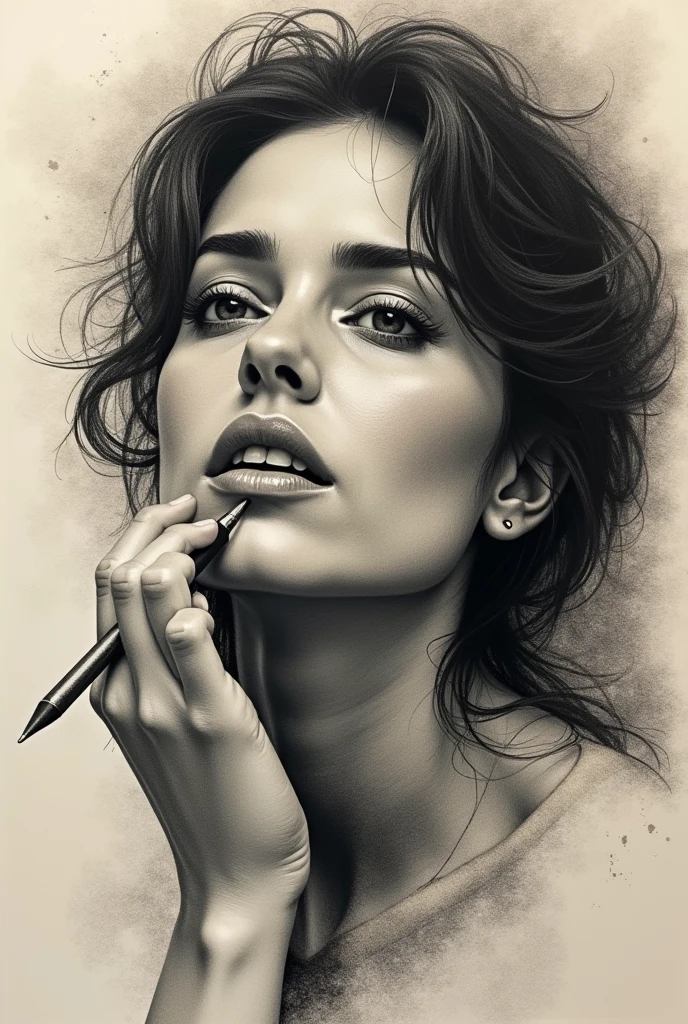 A stunning freehand sketch of a woman&#39;s portrait, masterfully rendered in conté crayon and charcoal. The subject has a thoughtful expression, the head tilted slightly, and his gaze lost in contemplation. The low contrast, faded appearance gives the portrait a nostalgic feel, with clear, blurred lines that look like they&#39;ve been smudged with a finger. The subtle play of shadows and light adds depth to the sketch., showing the artist&#39;s exceptional mastery of the technique., painting-like, illustration, hand with pencil sketching ,