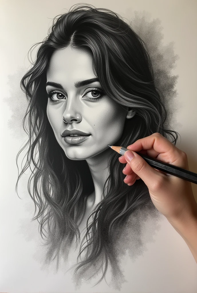 A stunning freehand sketch of a woman's portrait, masterfully rendered in conté crayon and charcoal. The subject has a thoughtful expression, the head tilted slightly, and his gaze lost in contemplation. The low contrast, faded appearance gives the portrait a nostalgic feel, with clear, blurred lines that look like they've been smudged with a finger. The subtle play of shadows and light adds depth to the sketch., showing the artist's exceptional mastery of the technique., painting-like, illustration, hand with pencil sketching ,