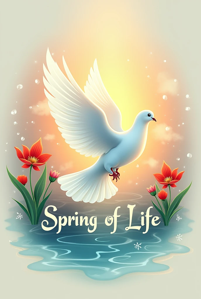A logo that says spring of life with a white dove flying and a fountain in the background