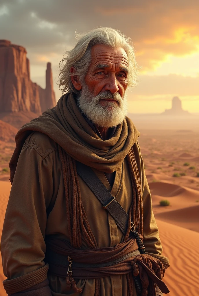 (photorealism:1.2), old man, on beautiful desert, mystic desert beautiful view 