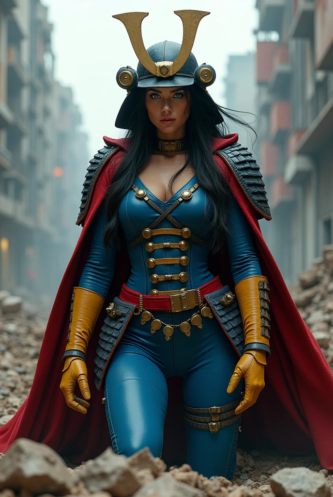 A beautiful woman under the cloak of Big Barda has long hair, black and almost always hidden by his samurai helmet. His eyes are light blue. Her superheroine costume is samurai themed.. His usual costume includes a blue leather jumpsuit with scales and a gold armor top over his jumpsuit, thick red belt, boots and burnt yellow gloves. (((on his knees in an apocalyptic city with much destruction)))