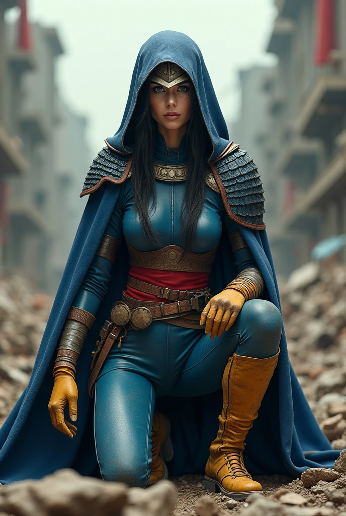 A beautiful woman under the cloak of Big Barda has long hair, black and almost always hidden by his samurai helmet. His eyes are light blue. Her superheroine costume is samurai themed.. His usual costume includes a blue leather jumpsuit with scales and a gold armor top over his jumpsuit, thick red belt, boots and burnt yellow gloves. (((on his knees in an apocalyptic city with much destruction)))