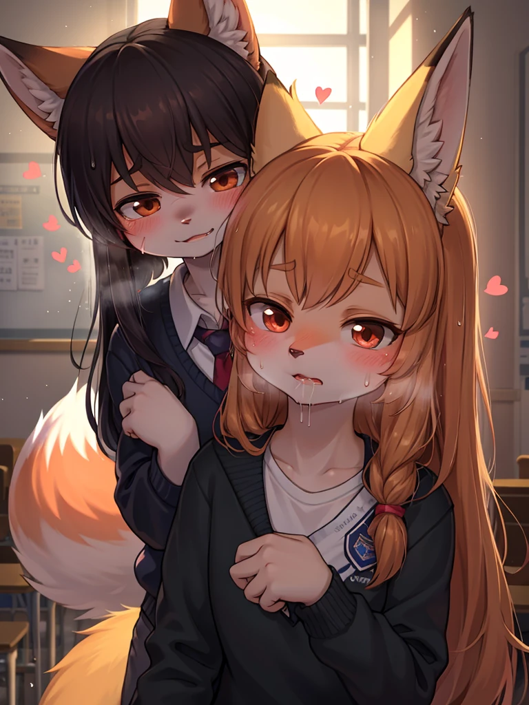 horror , The spirit of a Tiny female fox disguises herself as a junior high school student and attends a school attended by humans , Suck out the energy of Reluctant male students , moist thin eyes , glossy lips , Swollen cheeks , heart is beating fast , steamy breath