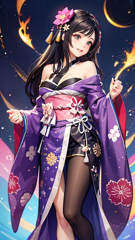 SeaArt creates beautiful anime illustrations of beautiful women in kimono、A beautiful woman smiles and shows her upper white teeth、Vividly colored ukiyo-e-style anime illustrations、Brown-black long hair、Beautiful full body style、Beautiful and innovative anime paintings,、 Detailed anime art、Beautiful anime portraits、