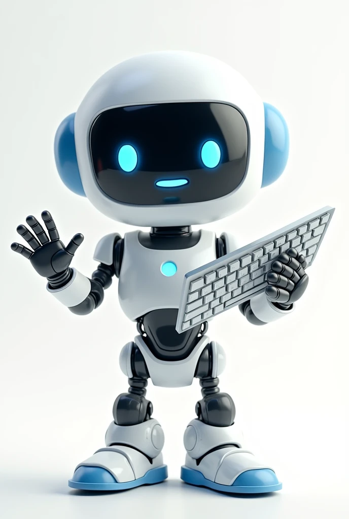 A friendly, cute 3D robot character with a white and blue color scheme, holding a keyboard in one hand and making a welcoming gesture with the other, standing in front of a white background, highly detailed, photorealistic, 8K, award-winning illustration, concept art, beautiful lighting, soft shadows, gleaming metallic surface, warm color tones, dynamic pose, inviting expression, intricate mechanical design, cinematic perspective, seamless integration of technology and organic forms