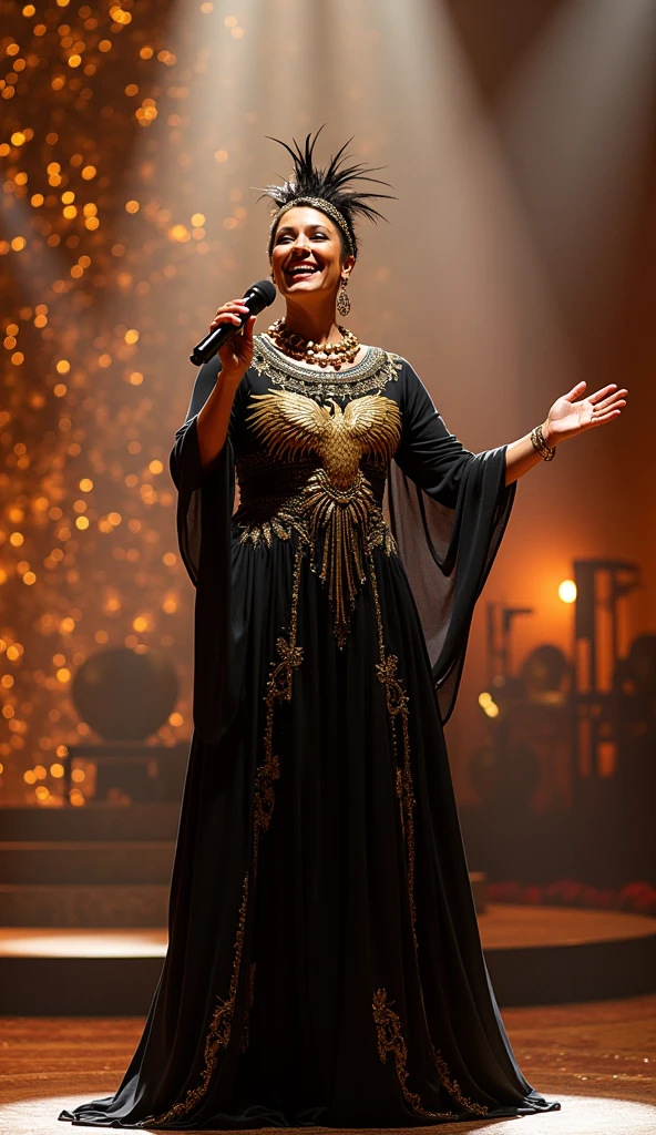 Super realistic, A mature woman, a professional singer, Holding a wireless microphone and singing on stage with a smile, wearing a long black and gold dress with a phoenix motif, a head dress and feather ornament around her neck, Sparkling particles, bokeh effect, depth of field, hyper Realistic, Professional photography, Gorgeous stage lighting