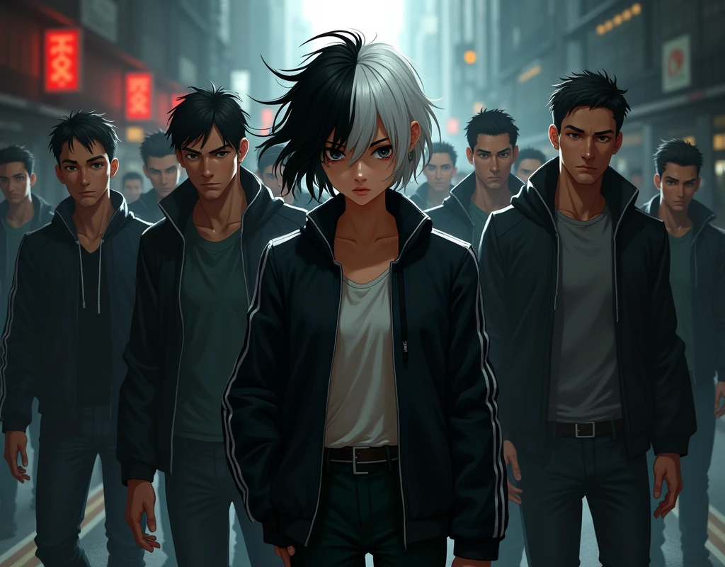 Jacketed、A half black, half white-haired teenager、Protecting a woman from some men