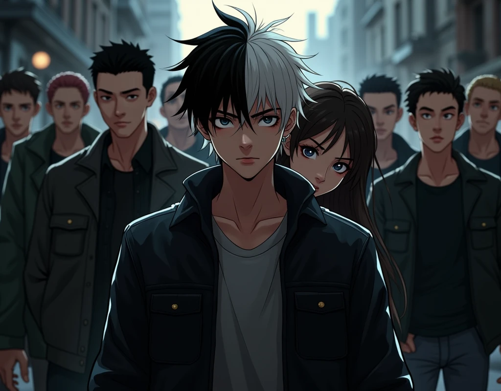 Jacketed、A half black, half white-haired teenager、Protecting a woman from some men
