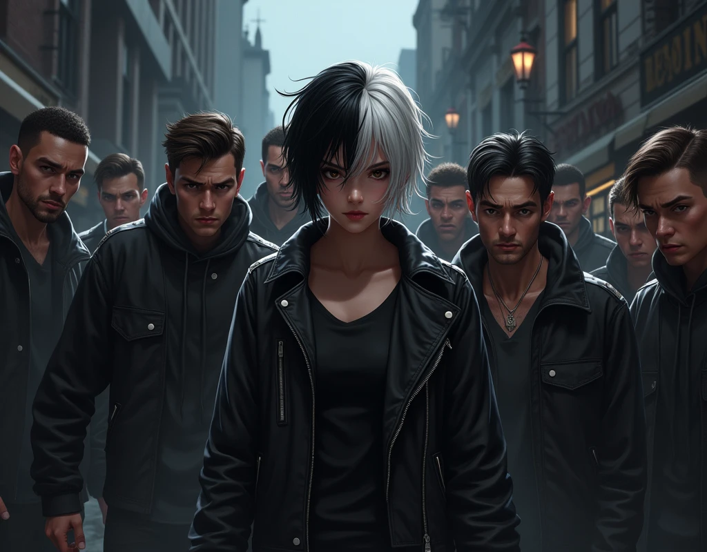 Jacketed、A half black, half white-haired teenager、Protecting a woman from some men