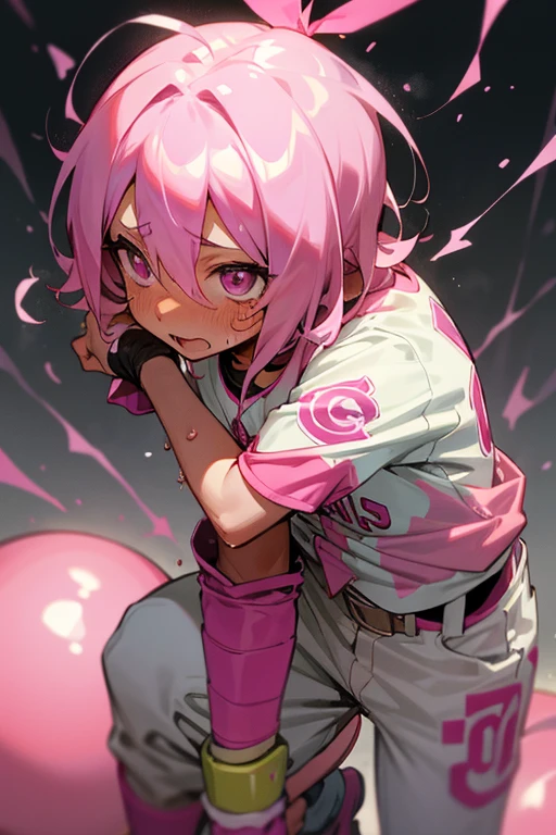 , covered in sweat and translucent pinkslime, grapples with,baseball,(batt)