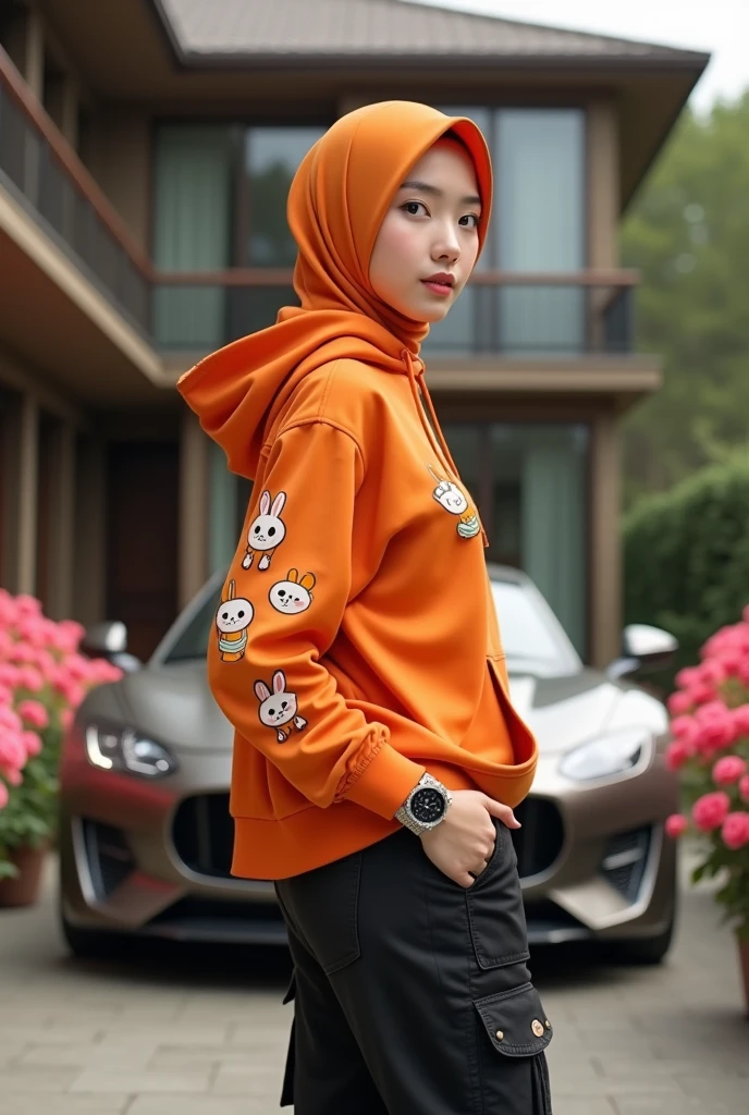 Beautiful Korean girl with smooth white skin. Well-groomed face, orange hijab with rabbit motif, orange hoodie decorated with rabbits, cargo pants with lots of black pockets, cool watch, standing with his back to the luxury car while smiling faintly, facing the camera, in the middle. The background is a large luxury house, there are roses blooming in pots, the photo is original and realistic