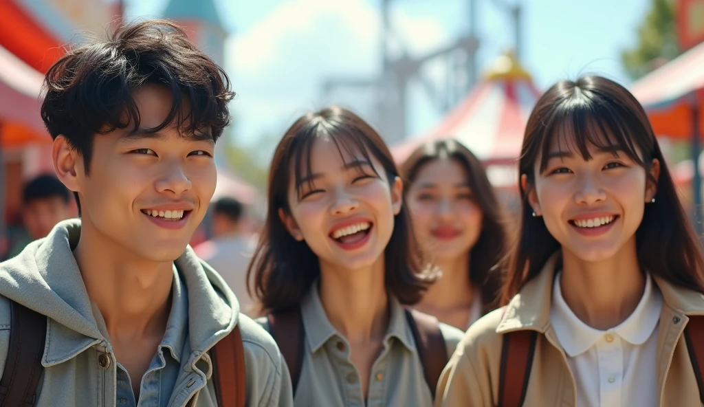 Two male and three female Japanese university students dressed in fashionable clothes are looking at an amusement park with cheerful expressions,Excited, Photo of your face, In the amusement park, with a natural look, With a slightly tired look, tilt your face a little, Diagonal orientation, Average face