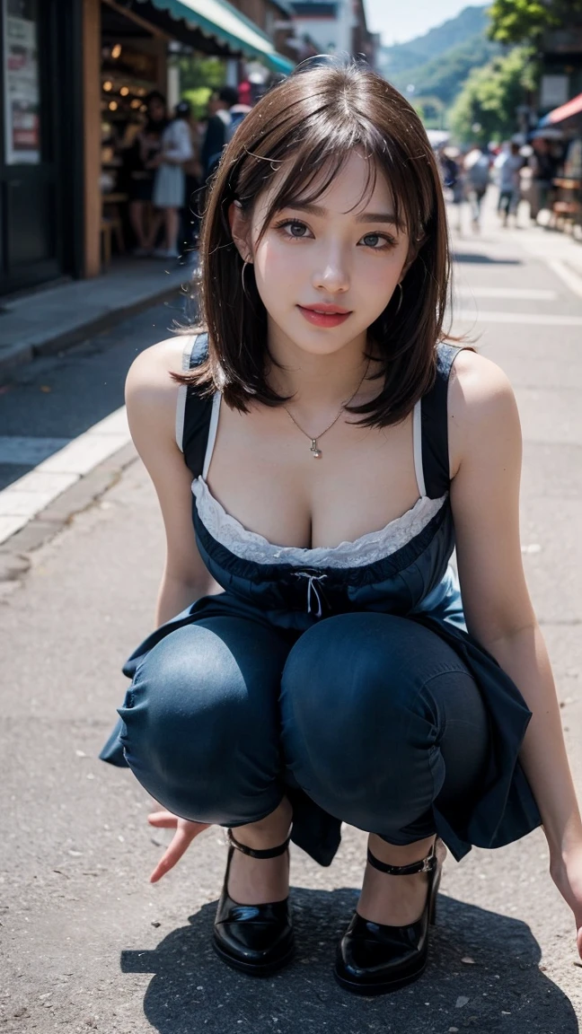 ((Downtown in Phuket)), (Walking along the street), (masterpiece:1.3), light makeup, red lips, beautiful hair, Black hair, (Medium hair:1.3), elegant, soft lighting, Very fine details, masterworks, authentic texture, perfect work, (1 girl), (One Woman), 16k, high resolution, exquisite features, brown eyes, (Ultra-high resolution eye:1.1), Japanese idol, beautiful face, ((artists work)), (photorealism:1.2), (gentle smile like a goddess), attractive, well-shaped breasts, beautiful cleavage, shiny skin, smooth skin, BREAK, (dark blue dirndl:1.3), (Traditional German Costume), BREAK, earrings, necklace, BREAK, Full-body, sitting position, (Walking through the weekend market), (Model pose with legs apart), BREAK, Place your hands behind your back, (Asking for a kiss:1.2), (lovely smile), shoot from above, (Close up:1.2), Squat your legs apart, POV from below