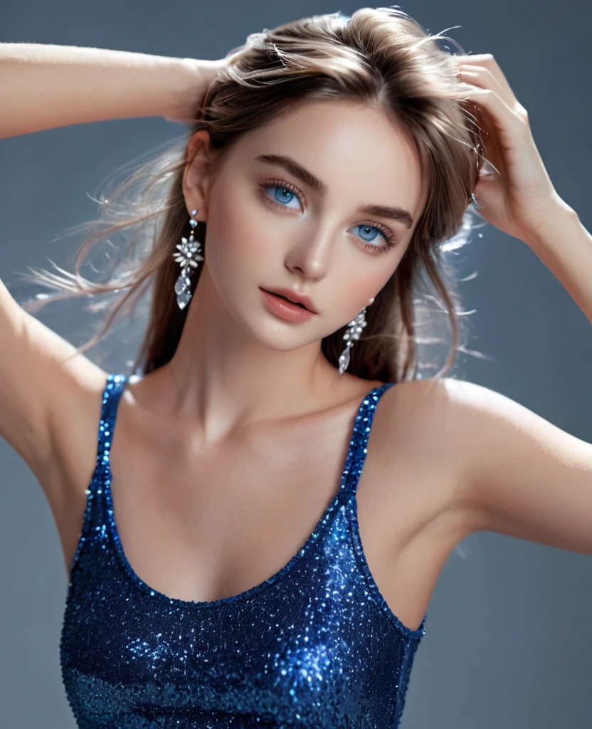 8K，an extremely delicate and beautiful,Beautiful and realistic skin,whole body,beautiful girl,fashion model,Shiny jewel-like earrings,like glitter hair,beautiful blue eyes,tanktop,jeans,fashion model posing