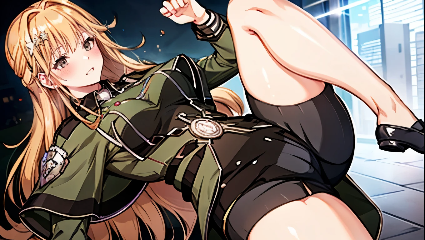 (Very delicate and beautiful:1.2)super model,,Beautiful breasts,voluptuous,【bike shorts】,,【3girls】,,Highest quality, High resolution, 8k,mini skirt,uniform,A beautiful girl kicks a man in the groin and bullies him