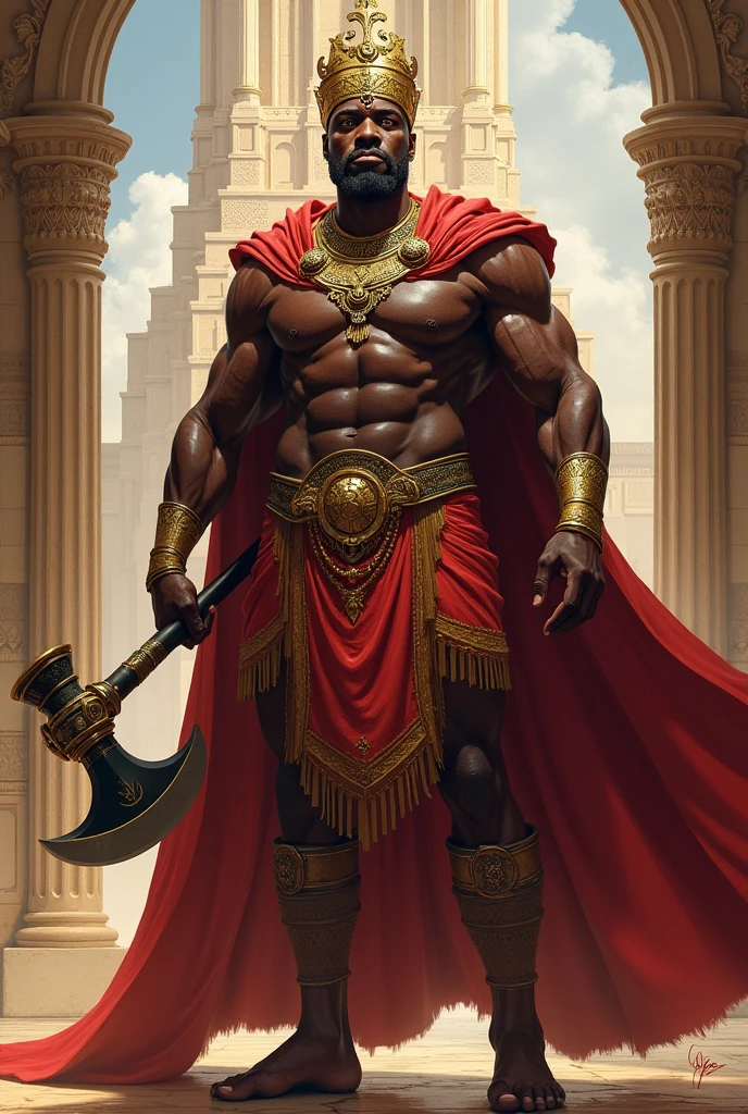 Muscular African man with golden crown red king cape double axe in hand standing full body with a tower behind