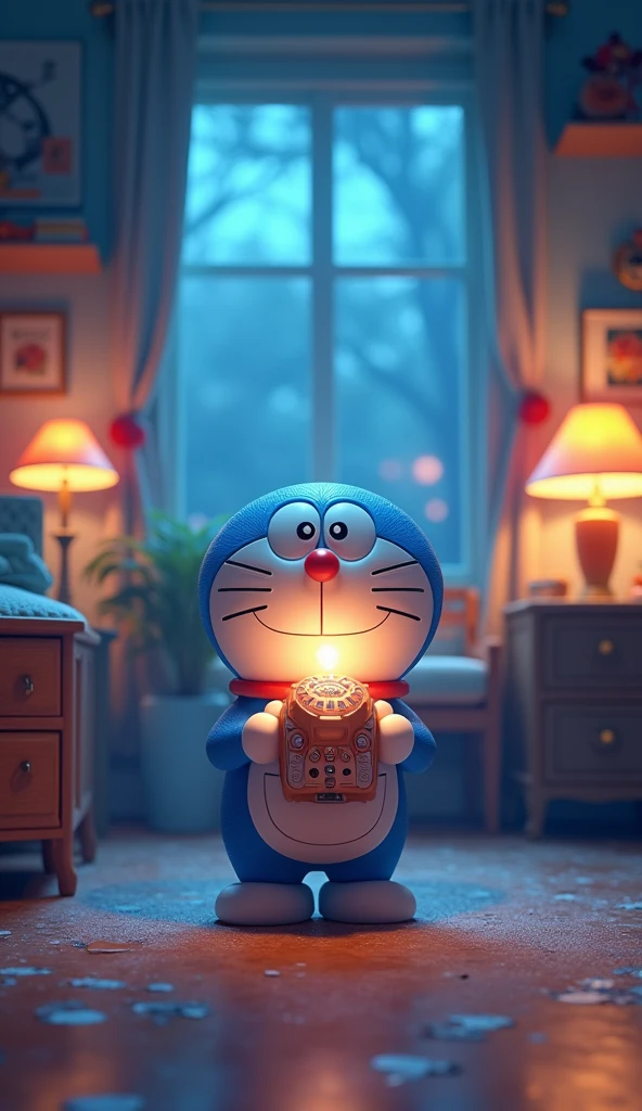 Doraemon standing in his room, holding a strange device that resembles a watch. Device that emits bright light, cover the whole room. Doraemon looked curious but didn&#39;t realize the danger was approaching.."3D