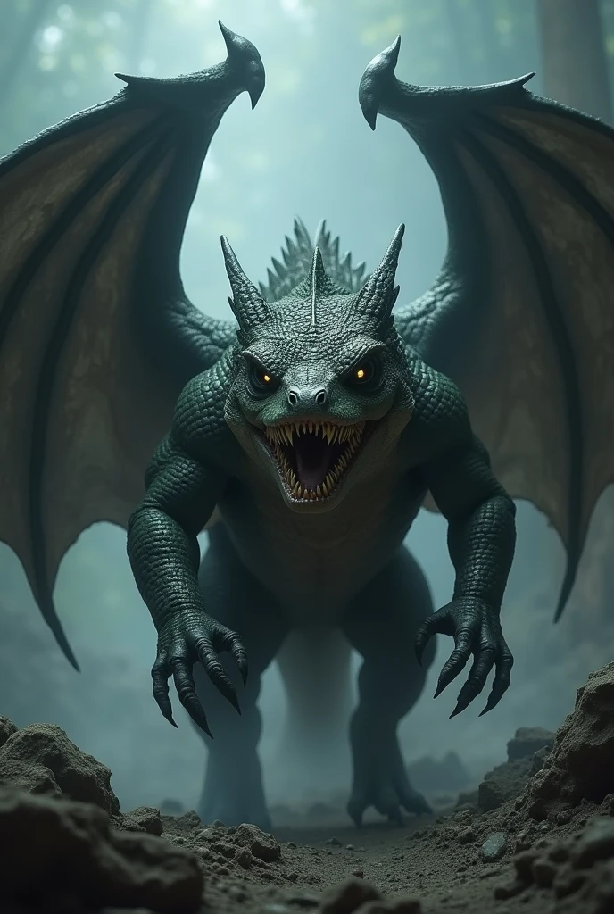 Komodo dragon with bat dangerous body