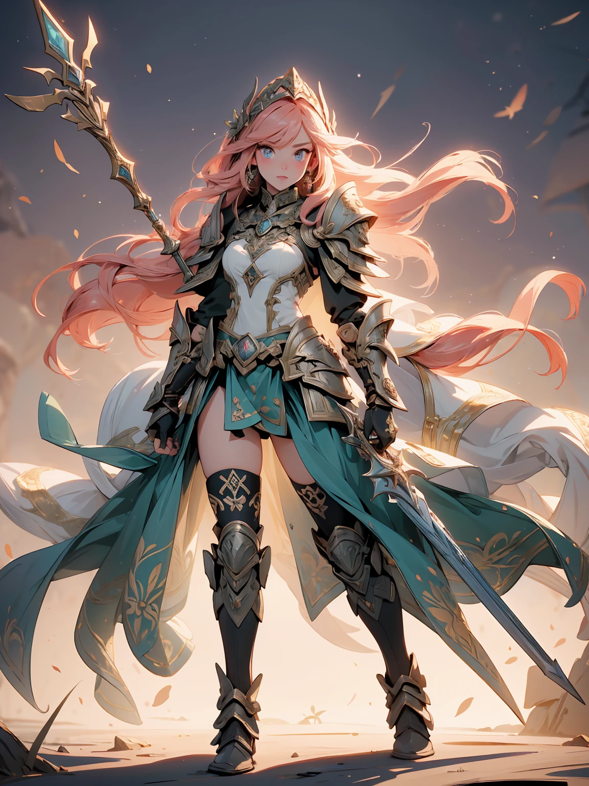 (((masterpiece, best quality, high detailed, 16k))) (1girl) A captivating elven warrior with long, flowing pink hair, her eyes sparkling with determination and grace. She wears a unique armor crafted from animal pelts, blending seamlessly with the natural world. The armor, a mix of earthy tones and soft fur, provides both protection and agility, adorned with tribal patterns and symbols of her connection to the wild. She wields a sleek, elegant spear, its blade gleaming with a sharp, deadly edge. The spear's shaft is decorated with intricate carvings and feathers, enhancing its natural beauty. Her stance is poised and ready, exuding both strength and elegance. Her presence radiates a fierce yet harmonious energy, reflecting her bond with nature and her warrior spirit. ((full body view:1.4))