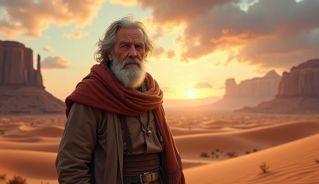 (photorealism:1.2), old man, on beautiful desert, mystic desert beautiful view