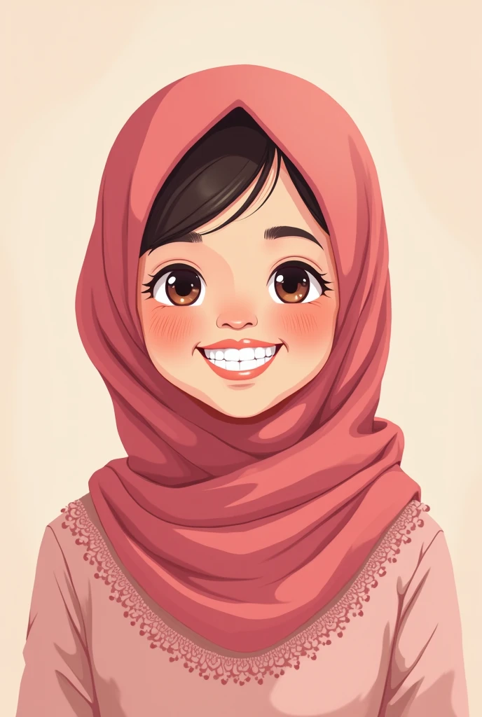 as 2d flat style illustrator or cartoonist using pastel colors, make an illustration of hijabi indonesian high school girl smiling with healthy teeth