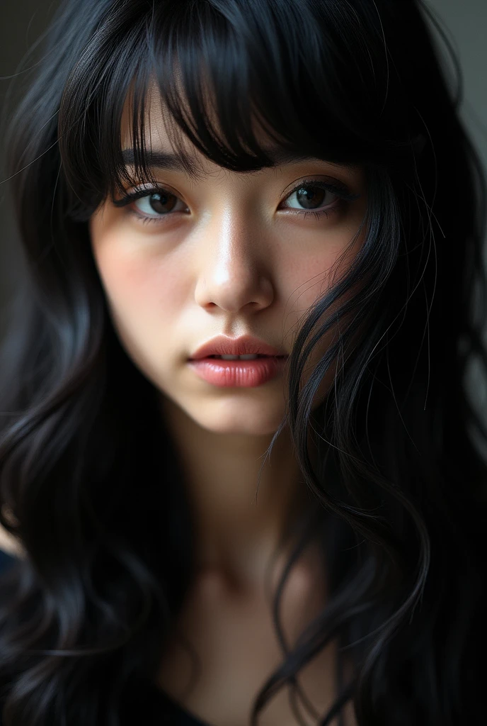 black hair, long hair, wavy hair, asymmetrical bangs, first-person view, macro photo, UHD, masterpiece, high quality