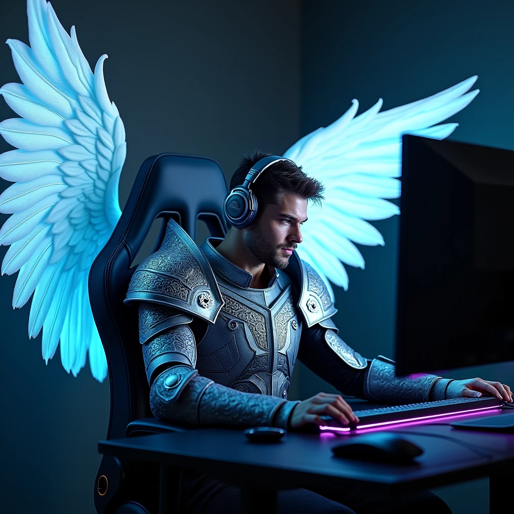 a warrior angel sitting in a gaming chair wearing a headset playing on the computer seen from the side