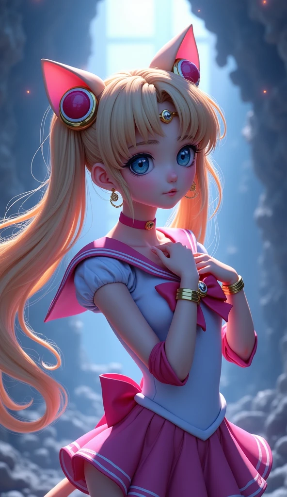 (absurdities, high resolution, ultra detailed, HdR), masterpiece, Best Quality, pastel colours, Light colors, Toei Animation,  (senshi sailor luna:1.4) , Pretty Guardian Sailor Moon character hands on her back and holding her hair and on the side there is a brooch, detailed character with detailed face, large eyes, ,(Tokyo cyberpunk ruined dungeon ruins background :1.4 ), (sailor moon Luna :1.4), (sailor moon Luna V2.1), (dynamic pose), More detailed 8K.unreal engine:1.4,UHD,La Best Quality:1.4, photorealistic:1.4, skin texture:1.4, masterpiece:1.8,first work, Best Quality,object object], (detailed face features:1.3),(The correct proportions),(Beautiful blue eyes:1.4 ),  (cowboy pose),( face detailed:1.4), high quality, (RAW photo, best quality), (realistic, photorealistic: 1.4), (extremely delicate and beautiful: 1.4), amazing, fine details, masterpiece, ultra detailed, high resolution, best illustration, best shadow, intricate, ( extremely intricate: 1.2), (exquisitely detailed skin), cinematic light, perfect anatomy, (cool color: 1.4), sharp focus, 8k UHD, DSLR, (Fujifilm XT3),