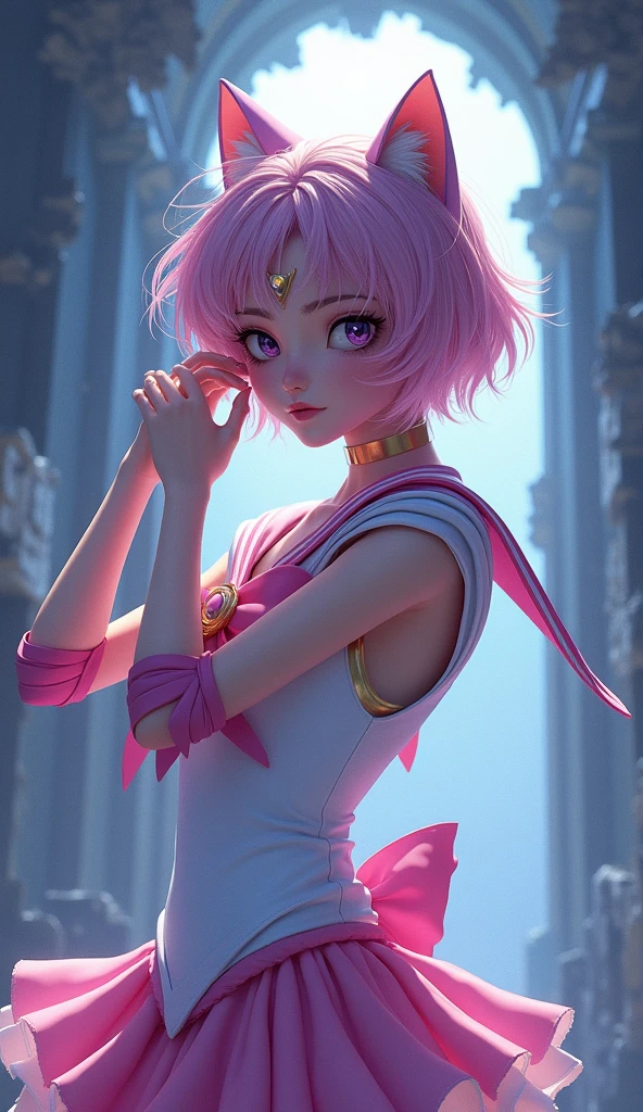(absurdities, high resolution, ultra detailed, HdR), masterpiece, Best Quality, pastel colours, Light colors, Toei Animation,  (senshi sailor luna:1.4) , Pretty Guardian Sailor Moon character hands on her back and holding her hair and on the side there is a brooch, detailed character with detailed face, large eyes, ,(Tokyo cyberpunk ruined dungeon ruins background :1.4 ), (sailor moon Luna :1.4), (sailor moon Luna V2.1), (dynamic pose), More detailed 8K.unreal engine:1.4,UHD,La Best Quality:1.4, photorealistic:1.4, skin texture:1.4, masterpiece:1.8,first work, Best Quality,object object], (detailed face features:1.3),(The correct proportions),(Beautiful blue eyes:1.4 ),  (cowboy pose),( face detailed:1.4), high quality, (RAW photo, best quality), (realistic, photorealistic: 1.4), (extremely delicate and beautiful: 1.4), amazing, fine details, masterpiece, ultra detailed, high resolution, best illustration, best shadow, intricate, ( extremely intricate: 1.2), (exquisitely detailed skin), cinematic light, perfect anatomy, (cool color: 1.4), sharp focus, 8k UHD, DSLR, (Fujifilm XT3),
