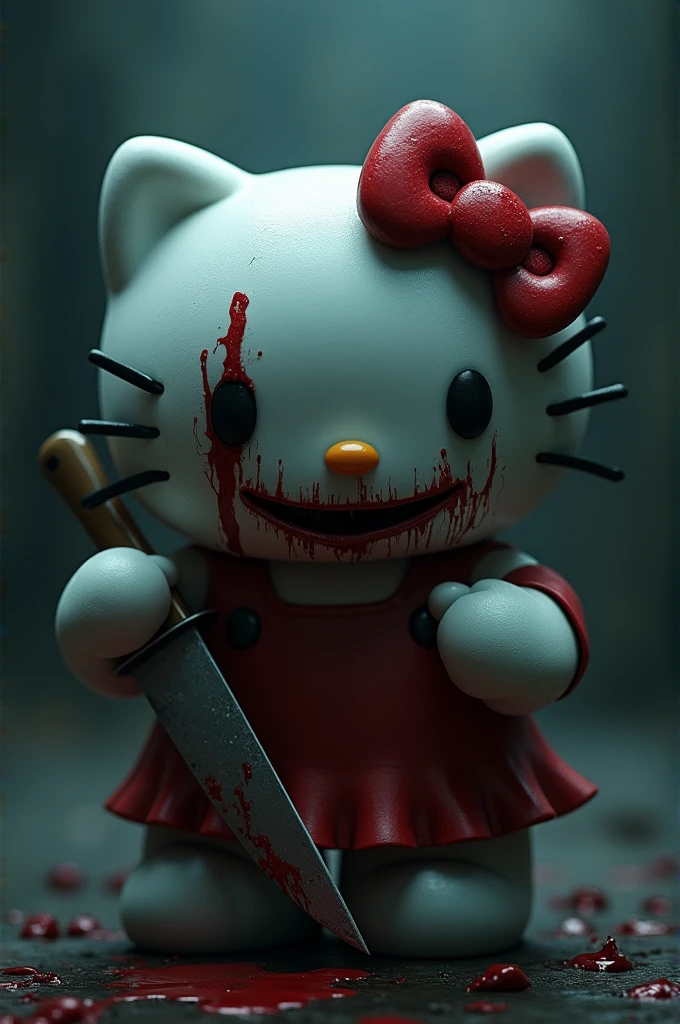 "A dark version of Hello Kitty, where she appears with a disturbing expression. She holds a knife, and on your face, there is a freshly cut mouth with a macabre smile, as if she had done it herself. The scene is dark and scary, with horror elements around, like deep shadows and a gloomy atmosphere.