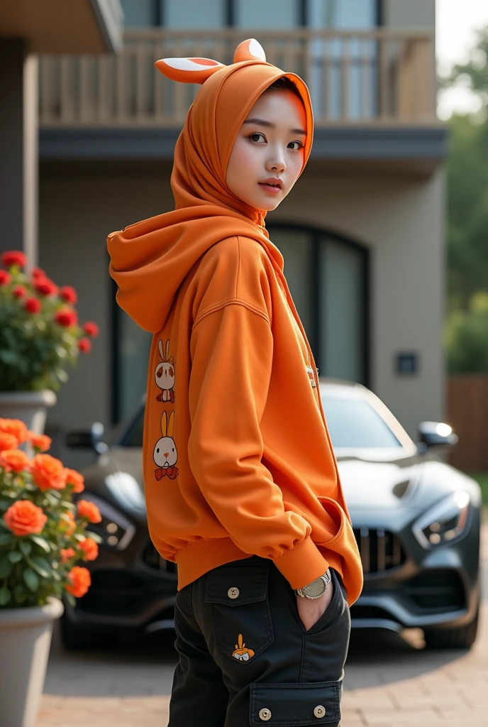 Beautiful Korean girl with smooth white skin. Well-groomed face, orange hijab with rabbit motif, orange hoodie decorated with rabbits, cargo pants with lots of black pockets, cool watch, standing with his back to the luxury car while smiling faintly, facing the camera, in the middle. The background is a large luxury house, there are roses blooming in pots, the photo is original and realistic