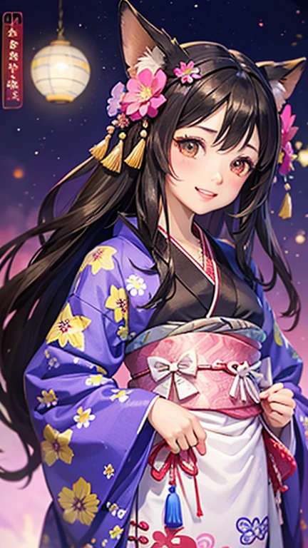 SeaArt creates stunning digital illustrations of beautiful women in kimono、A beautiful woman smiles and shows her upper white teeth、Vividly colored digital illustrations reminiscent of Ukiyo-e、Brown-black long hair、Beautiful full body style、Beautiful and innovative digital anime paintings,、 Detailed digital anime art in the background、Beautiful digital animated portrait、
