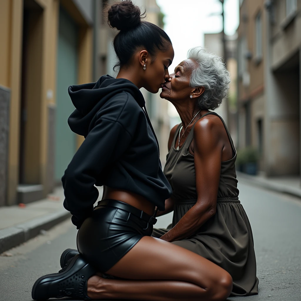 black woman hair in a bun black hoodie   black leather short shorts   a old grandma in a dress on her knees kissing her ass behind her squeezing her butt