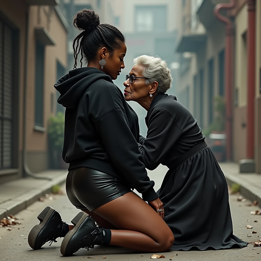 black woman hair in a bun black hoodie black leather short shorts a old grandma in a dress on her knees kissing her ass behind her squeezing her butt