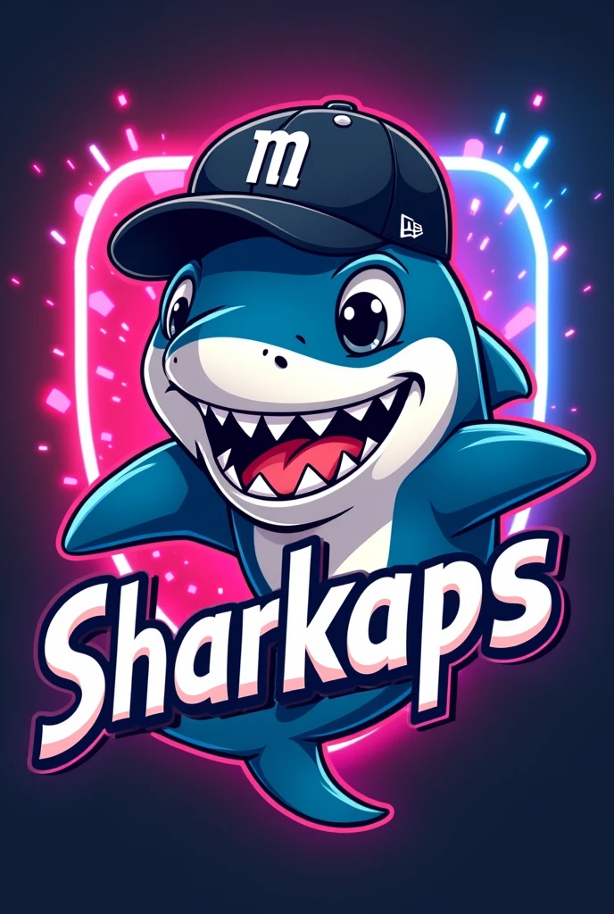 Gaming style logo of a happy shark with a New Era cap, say sharkaps