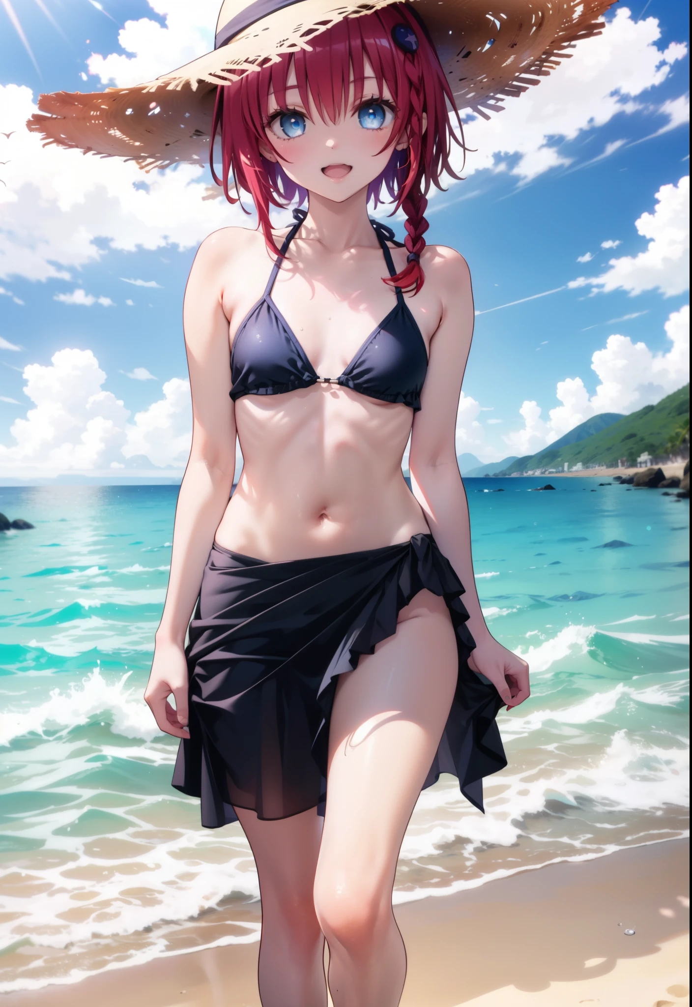 Kurosaki  mea,Redhead,Long braids,Purple eyes,Open your mouth,smile,Straw hat,Black string bikini swimsuit,Pareo Swimsuit,Belly button,abdomen,barefoot,A thin long skirt is wrapped around her waist,Sandy Beachを散歩している,Walking,Clear skies,True Summer,Daytime,whole bodyがイラストに入るように,
break looking at viewer,whole body, 
break outdoors, Beach,Sandy Beach,
break (masterpiece:1.2), Highest quality, High resolution, unity 8K wallpaper, (shape:0.8), (Beautiful and beautiful eyes:1.6), Highly detailed face, Perfect lighting, Highly detailed CG, (Perfect hands, Perfect Anatomy),