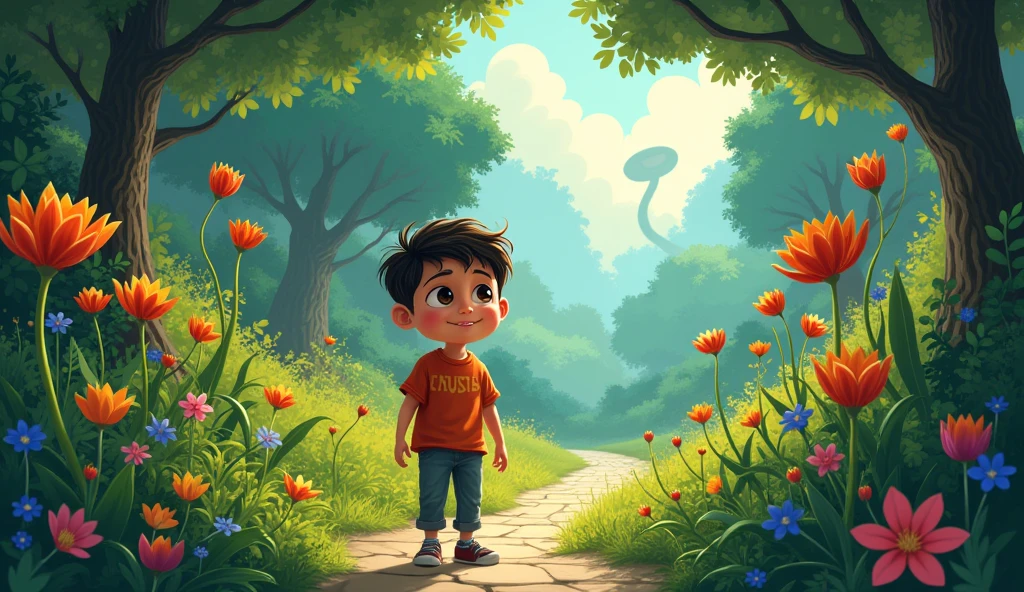An investigation of the  (( boy)) walking in a garden at the back of his house. Illustracao fantasy.
