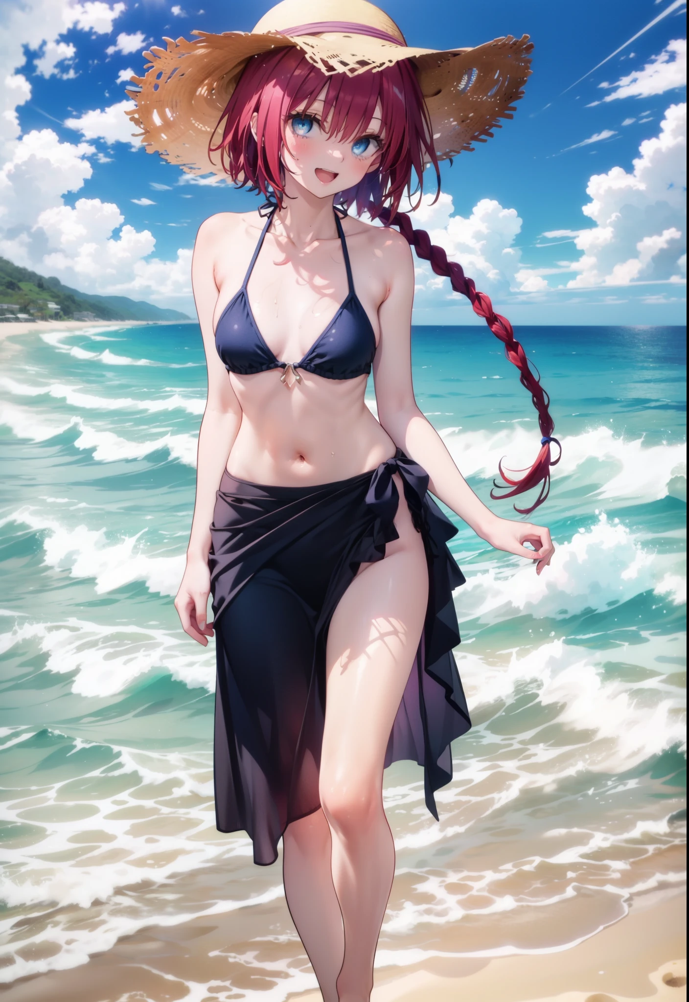 Kurosaki  mea,Redhead,Long braids,Purple eyes,Open your mouth,smile,Straw hat,Black string bikini swimsuit,Pareo Swimsuit,Belly button,abdomen,barefoot,A thin long skirt is wrapped around her waist,Sandy Beachを散歩している,Walking,Clear skies,True Summer,Daytime,whole bodyがイラストに入るように,
break looking at viewer,whole body, 
break outdoors, Beach,Sandy Beach,
break (masterpiece:1.2), Highest quality, High resolution, unity 8K wallpaper, (shape:0.8), (Beautiful and beautiful eyes:1.6), Highly detailed face, Perfect lighting, Highly detailed CG, (Perfect hands, Perfect Anatomy),