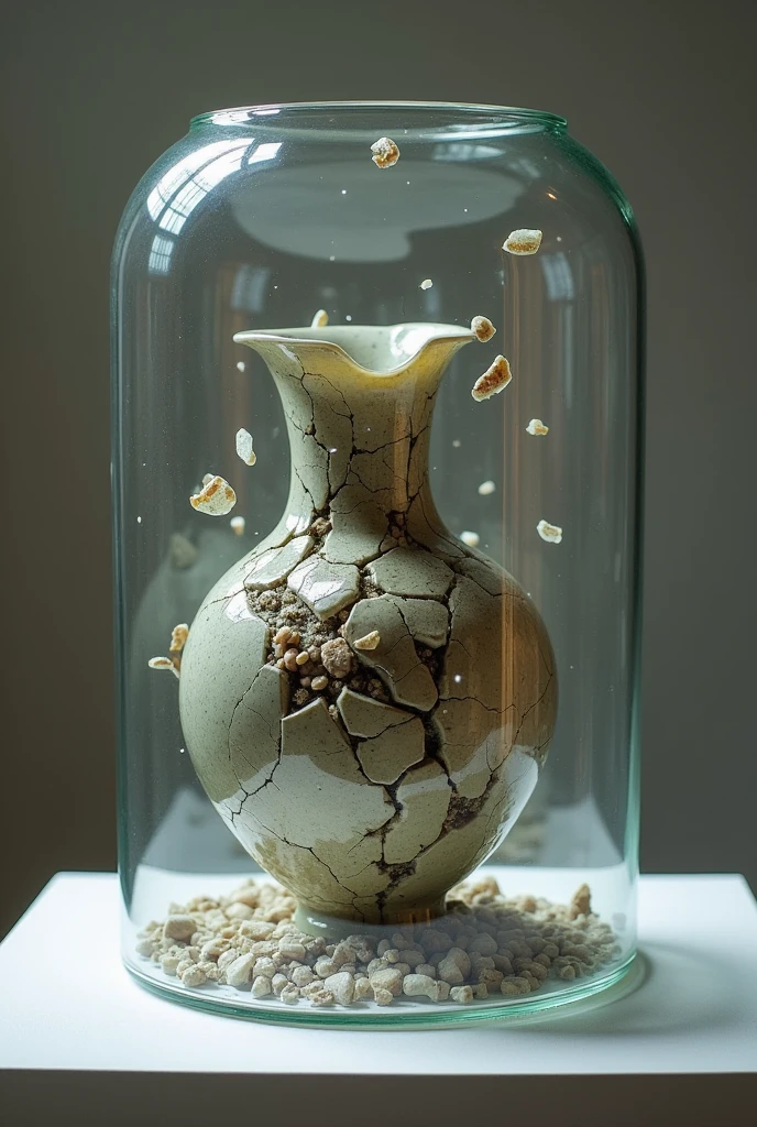 completely broken vase inside another transparent vase