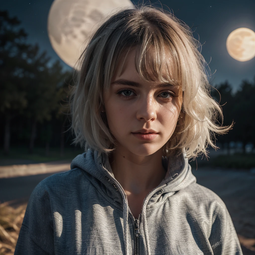 (masterpiece, best quality:1.2), extremely detailed, detailed hair, intricate details, finely detailed, soft lighting, volumetric lighting, [1girl, mature female, solo:1boy,male focus:14], looking at viewer, hoodie, (([sun|moon])), night, starry sky, wavy hair, white hair , single hair intake, sidecut , crew cut black background, glowing, feminine man