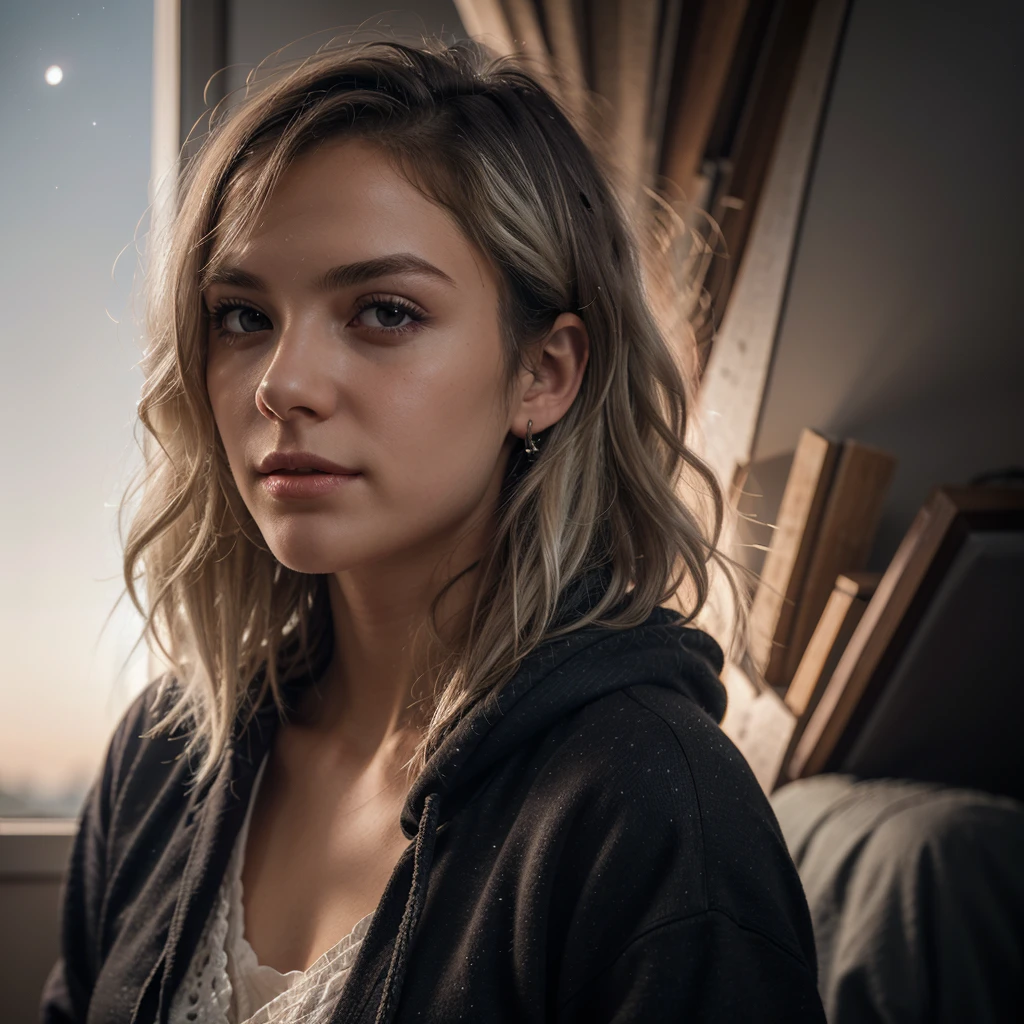 (masterpiece, best quality:1.2), extremely detailed, detailed hair, intricate details, finely detailed, soft lighting, volumetric lighting, [1girl, mature female, solo:1boy,male focus:14], looking at viewer, hoodie, (([sun|moon])), night, starry sky, wavy hair, white hair , single hair intake, sidecut , crew cut black background, glowing, feminine man